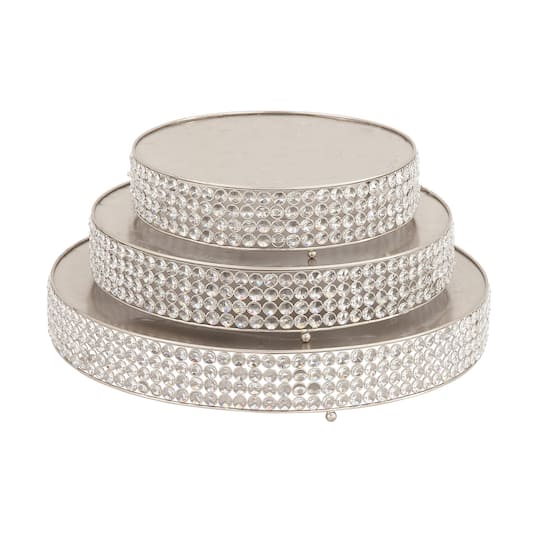 Glam Round Silver Metal and Glass Bead Cake Stand, Set of 3, 3&#x22;